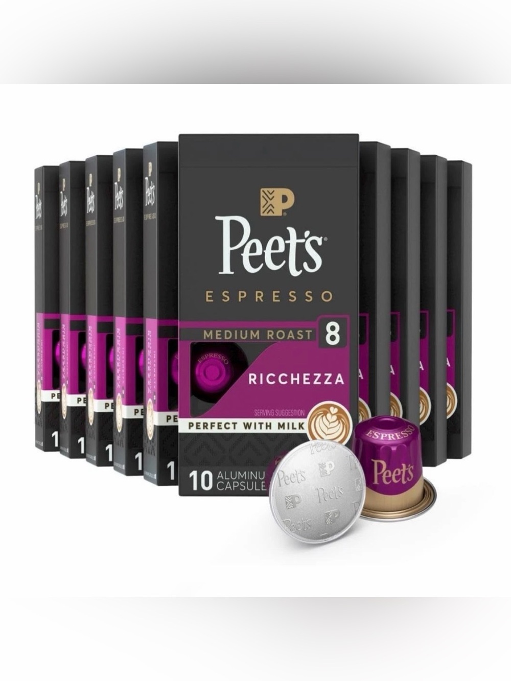 Peets Ricchezza Espresso Capsules 100 Count Intensity 8 Medium Roast Coffee